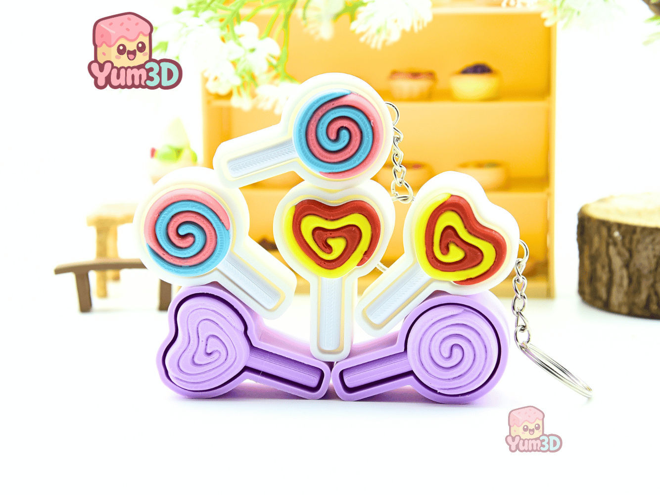 🍭 Yum3D Spring Lollipop Charm Set of Clicker Keychains - Cute